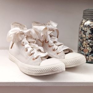 White converse with rose gold accents and satin ribbon laces